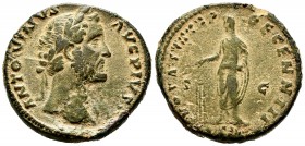 Antoninus Pius. Sestertius. 158-159 AD. Rome. (Ric-1009 var). Anv.: ANTONINVS AVG PIVS P P. laureate head right. Rev.: VOTA SOL DECENN III, Emperor, t...