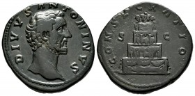 Divus Antoninus Pius. Sestertius. 161 AD. Rome. Struck under Marcus Aurelius. (Ric-1266). (Bmcre-872). (C-165). Anv.: DIVVS ANTONINVS, bare head right...