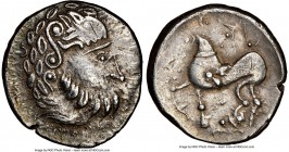 EASTERN EUROPE. Imitating Philip II of Macedon. Ca. 3rd century BC. AR tetradrachm (26mm, 1h). NGC XF. "Mit liegendem Achter" type. Stylized laureate ...