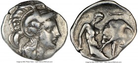 CALABRIA. Tarentum. Ca. 380-280 BC. AR diobol (12mm, 10h). NGC VF. Ca. 325-280 BC. Head of Athena right, wearing crested Attic helmet decorated with f...