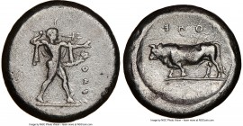 LUCANIA. Poseidonia. Ca. 470-420 BC. AR stater (19mm, 9h). NGC Choice Fine, brushed. ΠΟΣEΣ, Poseidon striding right, nude but for chlamys spread acros...