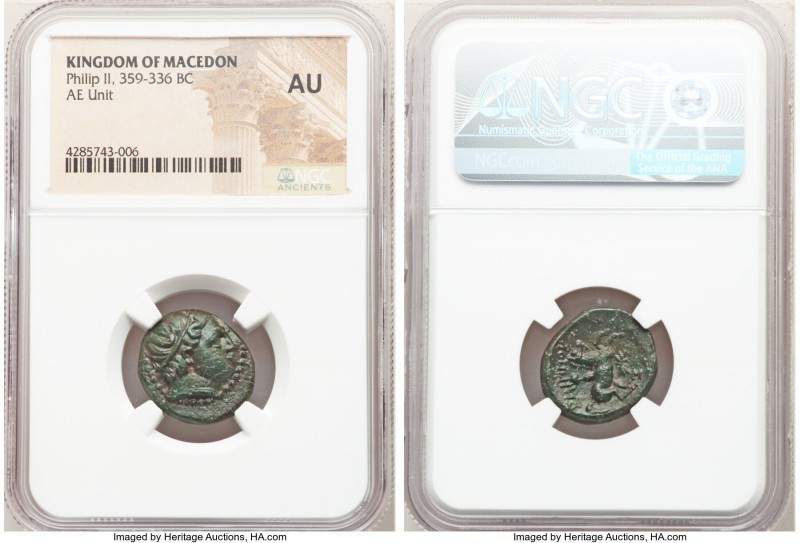 MACEDONIAN KINGDOM. Philip II (359-336 BC). AE unit (19mm, 9h). NGC AU. Uncertai...