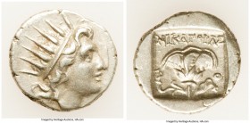CARIAN ISLANDS. Rhodes. Ca. 88-84 BC. AR drachm (15mm, 2.39 gm, 12h). About XF. Plinthophoric standard, Nicagoras, magistrate. Radiate head of Helios ...