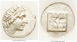 CARIAN ISLANDS. Rhodes. Ca. 88-84 BC. AR drachm (18mm, 2.28 gm, 11h). About XF. Plinthophoric standard, Maes, magistrate. Radiate head of Helios right...
