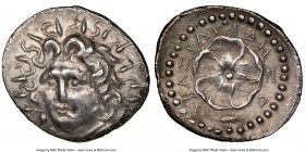 CARIAN ISLANDS. Rhodes. Ca. 84-30 BC. AR drachm (21mm, 4.02 gm, 9h). NGC AU 5/5 - 3/5. Basileides, magistrate. Radiate head of Helios facing, turned s...