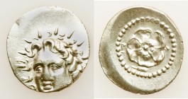 CARIAN ISLANDS. Rhodes. Ca. 84-30 BC. AR drachm (21mm, 4.06 gm, 6h). Choice VF. Radiate head of Helios facing, turned slightly left, hair parted in ce...