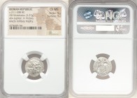 Anonymous. Ca. 211-208 BC. AR victoriatus (17mm, 3.27 gm, 12h). NGC Choice MS 5/5 - 5/5. Rome. Laureate head of Jupiter right; dotted border / ROMA, V...