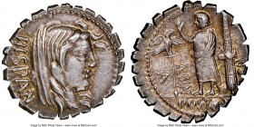A. Postumius A.f. Sp.n. Albinus (ca. 81 BC). AR denarius serratus (20mm, 4.00 gm, 3h). NGC AU 5/5 - 5/5. Rome. HISPAN, veiled bust of Hispania right w...