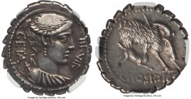 C. Hosidius C.f. Geta (68 or 64 BC). AR serrate denarius (21mm, 3.83 gm, 4h). NGC Choice AU 3/5 - 5/5. Rome. III•VIR / GETA, draped bust of Diana righ...