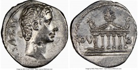 Augustus (27 BC-AD 14). AR denarius (18mm, 1h). NGC XF, flan flaw. Pergamum, ca. 21 BC. AVGVSTVS, bare head of Augustus right / IOVI-OLV, hexastyle te...