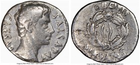 Augustus (27 BC-AD 14). AR denarius (19mm, 5h). NGC Choice Fine. Uncertain mint in Spain, AD 19-18. CAESAR AVGVSTVS, bare head of Augustus right / OB ...