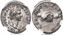 Nerva (AD 96-98). AR denarius (18mm, 3.51 gm, 7h). NGC Choice XF S 5/5 - 5/5. Rome, AD 97. IMP NERVA CAES AVG P M TR P COS III P P, laureate head of N...