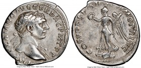 Trajan (AD 98-117). AR denarius (19mm, 6h). NGC VF. Rome, ca. AD 103-111. IMP TRAIANO AVG GER DAC P M TR P, laureate head of Trajan right, drapery on ...