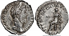 Commodus (AD 177-192). AR denarius (18mm, 6h). NGC XF, brushed. Rome, AD 186. M COMM ANT F-FEL AVG BRIT, laureate head of Commodus right / SECVR ORB P...