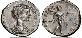 Caracalla, as Caesar (AD 198-217). AR denarius (18mm, 6h). NGC Choice AU. Rome, AD 196-198. M AVR ANTON CAES PONTIF, bare head, draped bust of Caracal...