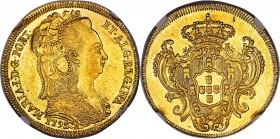 Maria I gold 6400 Reis 1793-R MS61 NGC, Rio de Janeiro mint, KM226.1. An offering ablaze with misty luster. Despite minor contact marks in the fields,...