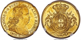 João Prince Regent gold 6400 Reis 1809-R MS60 NGC, Rio de Janeiro, KM236.1, LMB-559. Fully Mint State, with slightly subdued yet alluring lemon-golden...