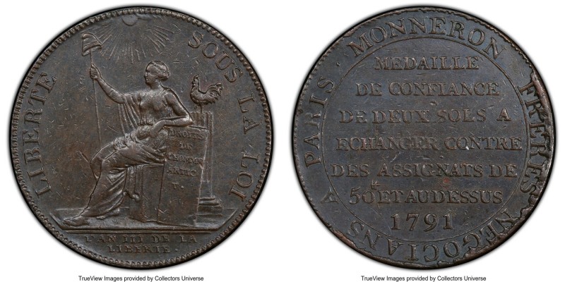 Republic bronze Essai 2 Sols 1791 AU55 PCGS, Soho mint, KM-Tn23, Maz-152. By Aug...