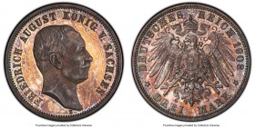 Saxony. Friedrich August III Proof 3 Mark 1908-E PR65 PCGS, Muldenhutten mint, KM1267. Displaying shimmering surfaces with a radiant undercurrent of s...
