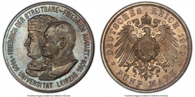 Saxony. Friedrich August III 5 Mark 1909 MS66 PCGS, Berlin mint, KM1269. 500th Anniversary - Leipzig University. Pewter, gold and blue-green toning. ...