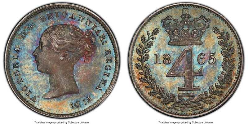Victoria Prooflike Maundy 4 Pence 1865 PL65 PCGS, KM732. Florescent teal, gold a...