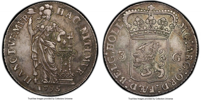 Batavian Republic 3 Gulden 1795 XF45 PCGS, KM9.2. Holland issue. Ex. BKingdom Co...