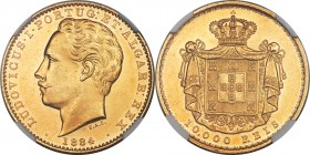 Luiz I gold 10000 Reis 1884 MS62 NGC, Lisbon mint, KM520, Gomes-17.10. A lightly handled piece, well-struck with nicely detailed devices and reddish t...