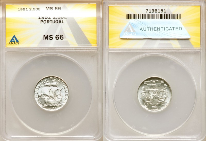 Republic 6-Piece Lot of Certified 2-1/2 Escudos 1951 MS66 ANACS, KM51. Sold as i...