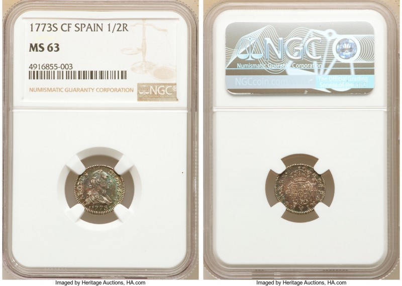 Charles III 1/2 Real 1773 S-CF MS63 NGC, Seville mint, KM410.2. Dark teal-blue a...