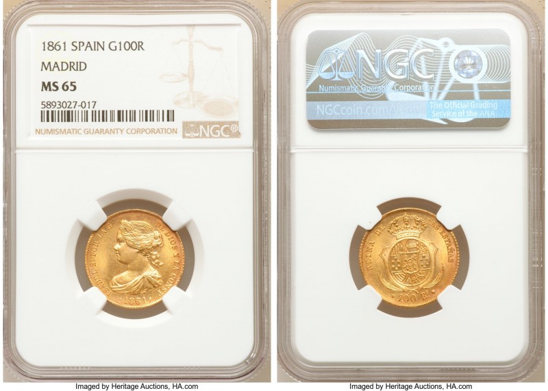 Isabel II gold 100 Reales 1861 MS65 NGC, Madrid mint, KM605.2. Honey-golden refl...