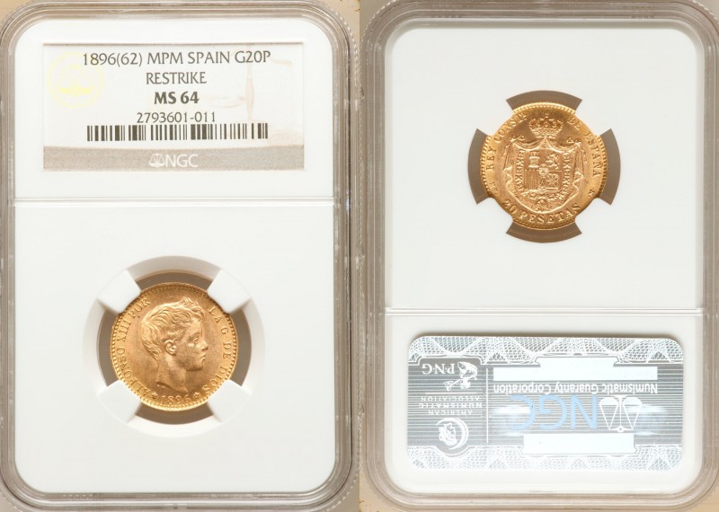 Alfonso XIII gold Restrike 20 Pesetas 1896(62) PG-V MS64 NGC, Madrid mint, KM709...