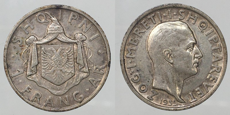 Albania. Amet Zogu 1 franga ar 1935 Roma Ag. 5.00g Mont.60 BB+