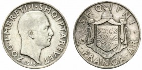 Albania. Amet Zogu 2 franga ari 1935 Roma Ag, 9,97g Mont.51 BB+