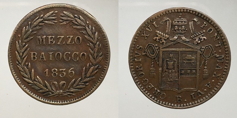 Gregorio XVI. 1/2 baiocco 1836 anno XVI Bologna. BB