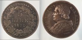 Pio IX. 5 lire 1870 Roma. Ag.25g SPL patina artificiale