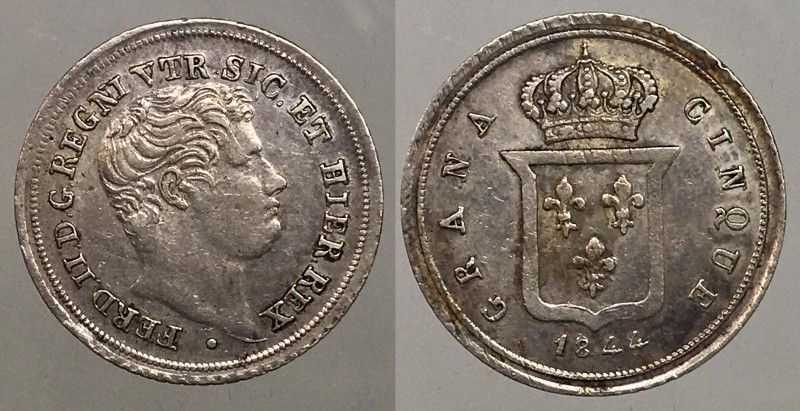Napoli. Regno delle due Sicilie. Ferdinando II di Borbone. 5 grana 1844 c/rigato...