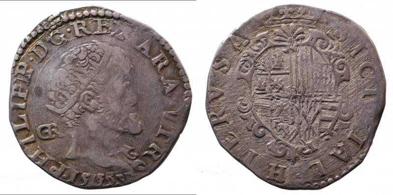 Napoli. Vicereame. Regno di Napoli. Filippo II 1554-1598. Tarì con stemma a form...