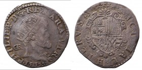 Napoli. Vicereame. Regno di Napoli. Filippo II 1554-1598. Tarì con stemma a forma di cuore e palma a 6 foglie sotto la corona. Anno 1575 sigle GR (Ger...