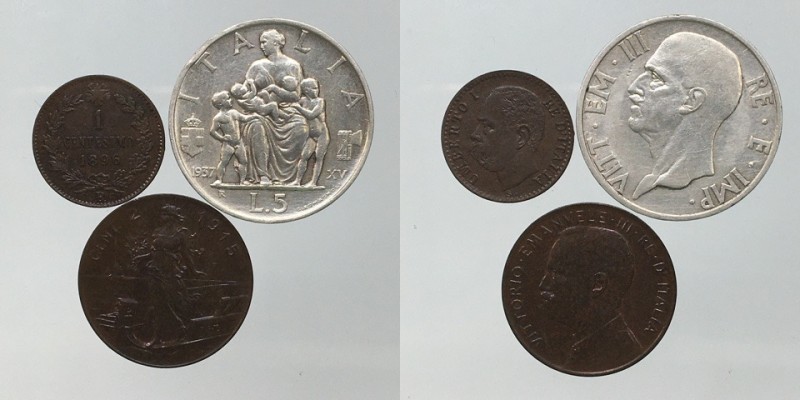 Lotto 3 monete Vittorio Emanuele III. (5 lire 1937 Ag; 2 centesimi 1915; 1 cente...