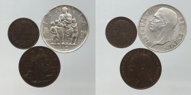 Lotto 3 monete Vittorio Emanuele III. (5 lire 1937 Ag; 2 centesimi 1915; 1 centesimo 1896)