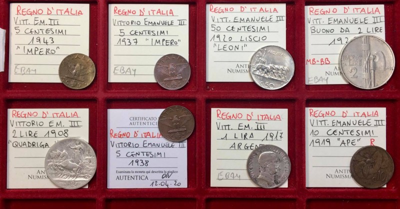 Lotto 8 monete Vittorio Emanuele III. (10 centesimi ape 1919, 2 lire 1926, 5 cen...