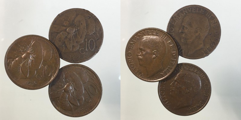 Regno d'Italia - Lotto 3 monete, 10 centesimi ape 1936 (2), 1919 (1)