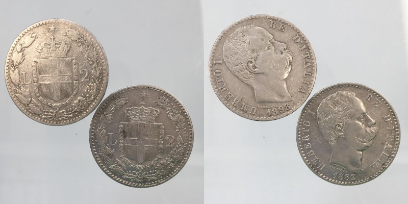 Umberto I. Lotto due monete da 2 lire 1882 e 1898 (Rara) Ag. Conservazioni medie...
