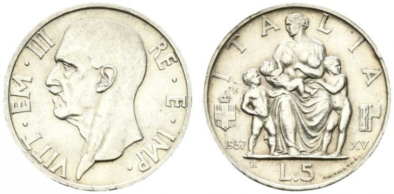 Vittorio Emanuele III 5 lire 1937 Roma Ag. 5g - gig.84 rara BB-SPL lucidata
