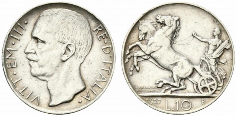 Vittorio Emanuele III. 10 lire 1927 ** 2 rosette Roma Ag. 10g MB-BB