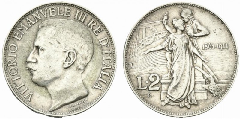 Vittorio Emanuele III. 2 lire 1911 Cinquantenario Ag. 10g MB-BB