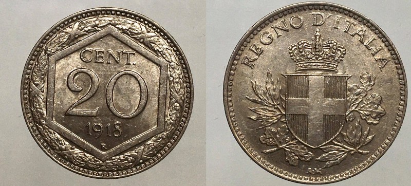 Vittorio Emanuele III. 20 centesimi 1918 *tracce del vecchio conio. SPL-FDC