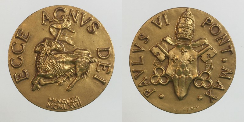 Papali. Paolo VI. Medaglia Natale 1967 anno V. ECCE AGNVS DEI. Bronzo dorato 17,...