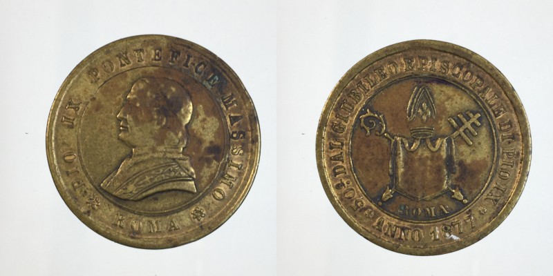Papali. Pio IX. 50° dl giubileo episcopale di Pio IX 1877 Roma AE dorato 6,56g 2...