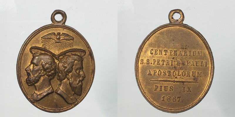 Papali. Pio IX. Medaglia 1867. 18° centenario del martirio di San Pietro e San P...
